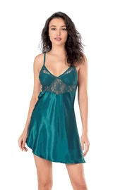 Ahu Lingerie Dantelli Petrol Kısa Saten Gecelik Ahu Primoda 8100
